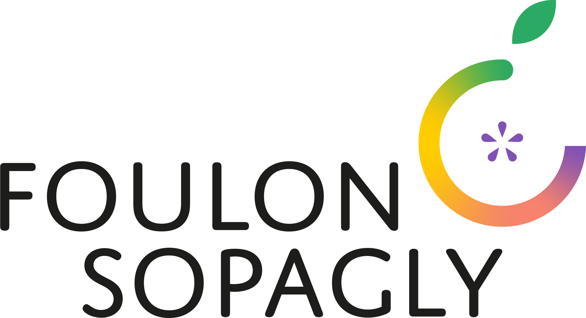 Logotype de l'entreprise Foulon Sopagly. Il représente une pomme composée d'un cercle de progression en dégradé de couleurs, de cinq pépins et d'une feuille. Son style est minimaliste et les couleurs vont du violet, rose au vert en passant par le jaune. Est ajouté en texte le nom de l'entreprise, en noir.