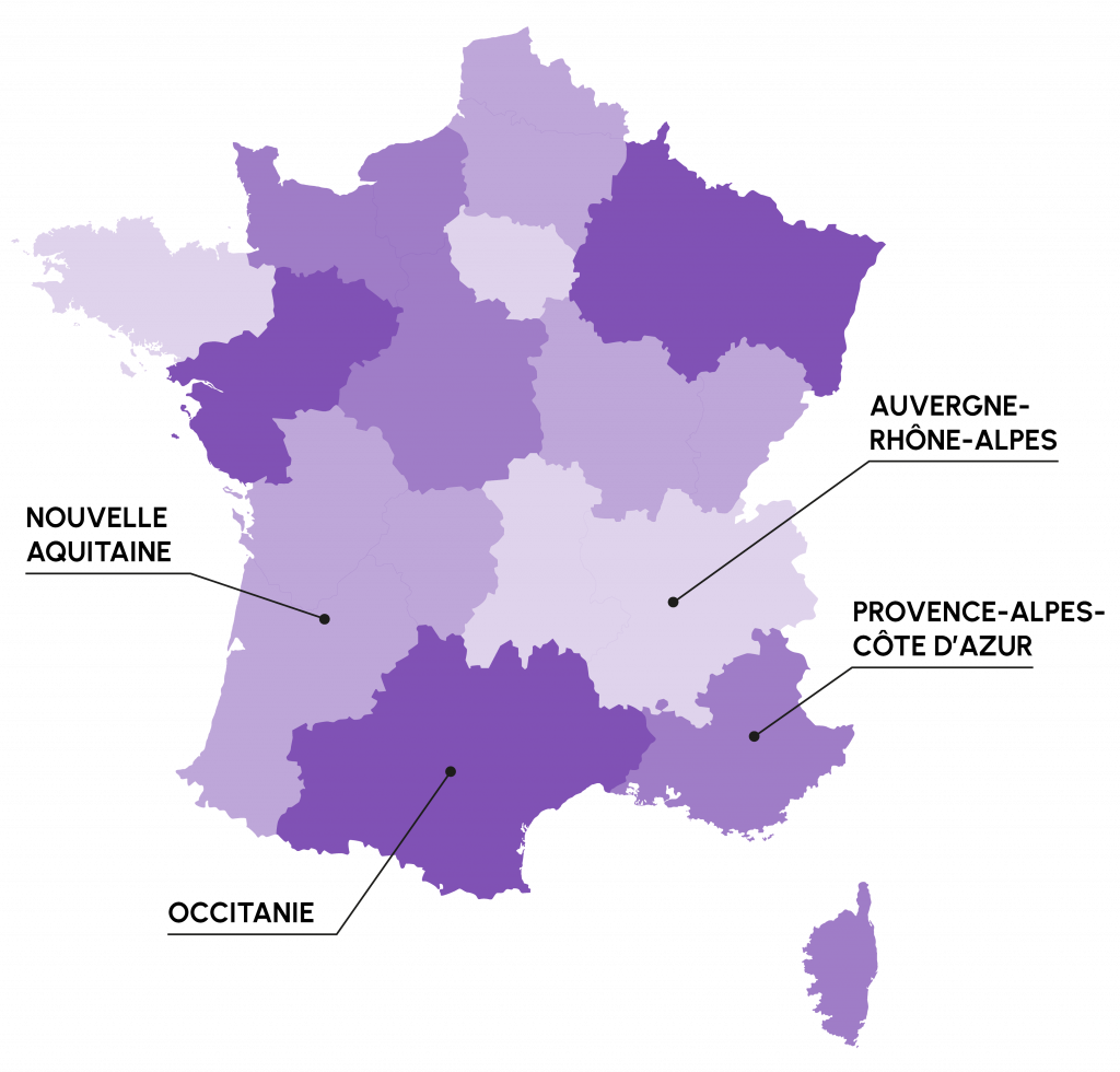 Carte des régions de France pour montrer les régions d'achat d'un fabricant de compotes en France.